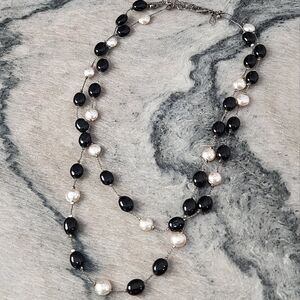 16" PREMIER DESIGNS Multistrand Black Glass/Faux Pearl Coin Bead Choker/Necklace